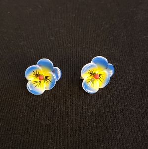 Enamel Pansy Clip on Earrings